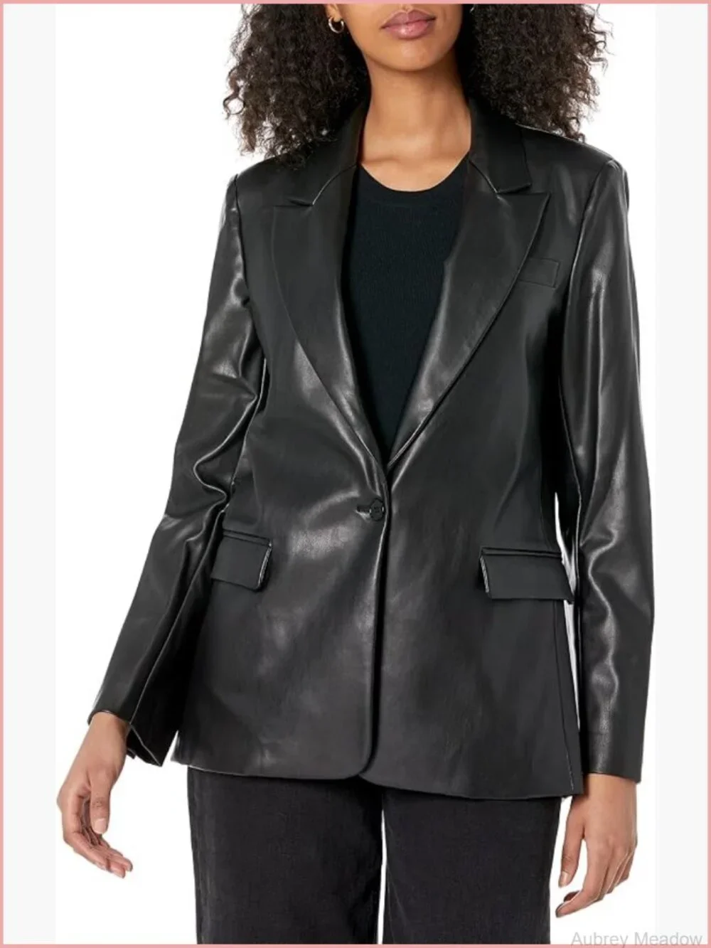 Women's Long Blazer, Faux Leather, Button Front, Notch Collar